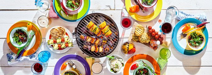 bright colored dishware and summer food